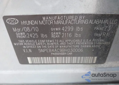 2011 Hyundai Sonata Gls from USA, damaged, VIN 5NPEB4AC9BH030006